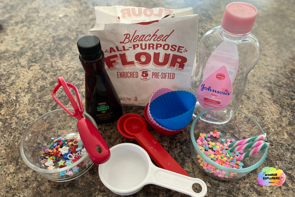 Ingredients laid out for Birthday Cake Cloud Dough