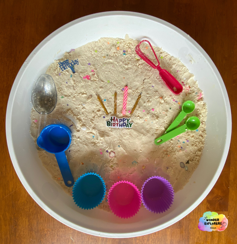 Birthday Cake Cloud Dough in Sensory Bin